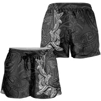 Hawaiian Monk Seal and Whale Shorts for Women Kakau Tribal Pattern Grayscale LT03 - Polynesian Pride