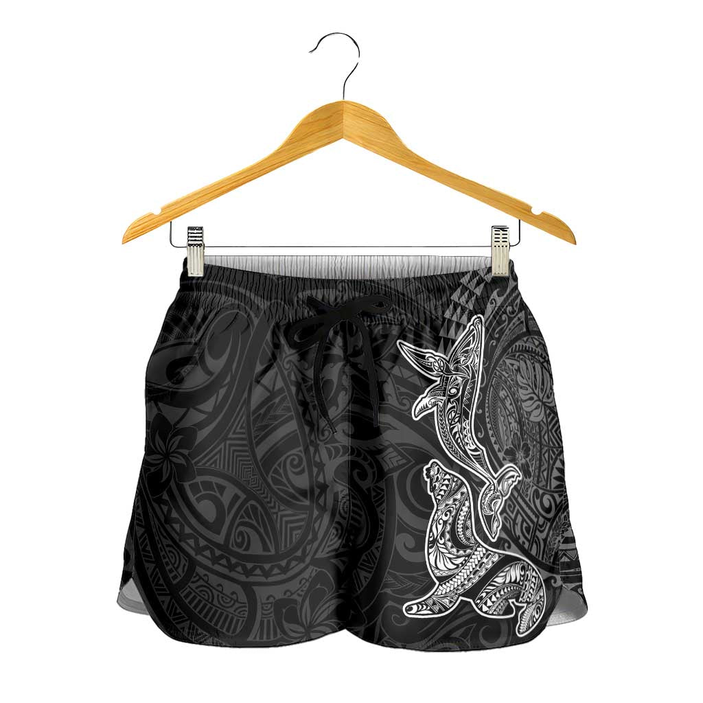 Hawaiian Monk Seal and Whale Shorts for Women Kakau Tribal Pattern Grayscale LT03 - Polynesian Pride
