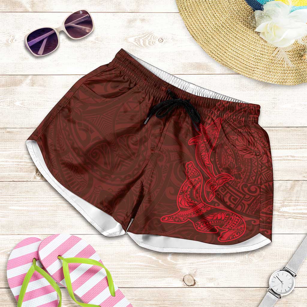 Hawaiian Monk Seal and Whale Shorts for Women Kakau Tribal Pattern Red Color LT03 Red - Polynesian Pride