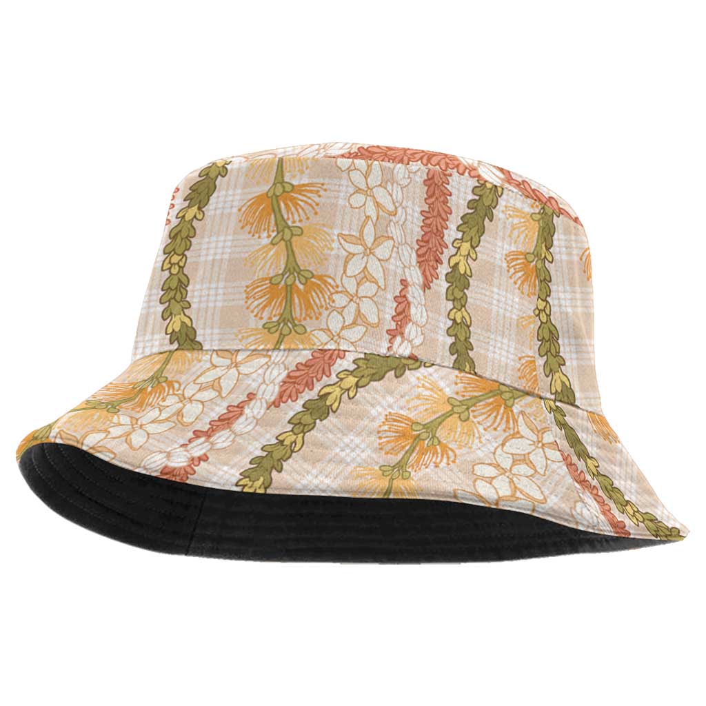 Hawaiian Ohia Lehua Lei Bucket Hat Plaid Palaka Ahiehie Pattern LT9 One Size Beige - Polynesian Pride