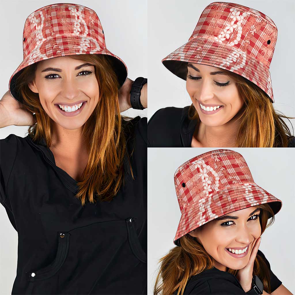 Hawaiian Ohia Lehua Lei Bucket Hat Plaid Palaka Ulaula Pattern - Polynesian Pride