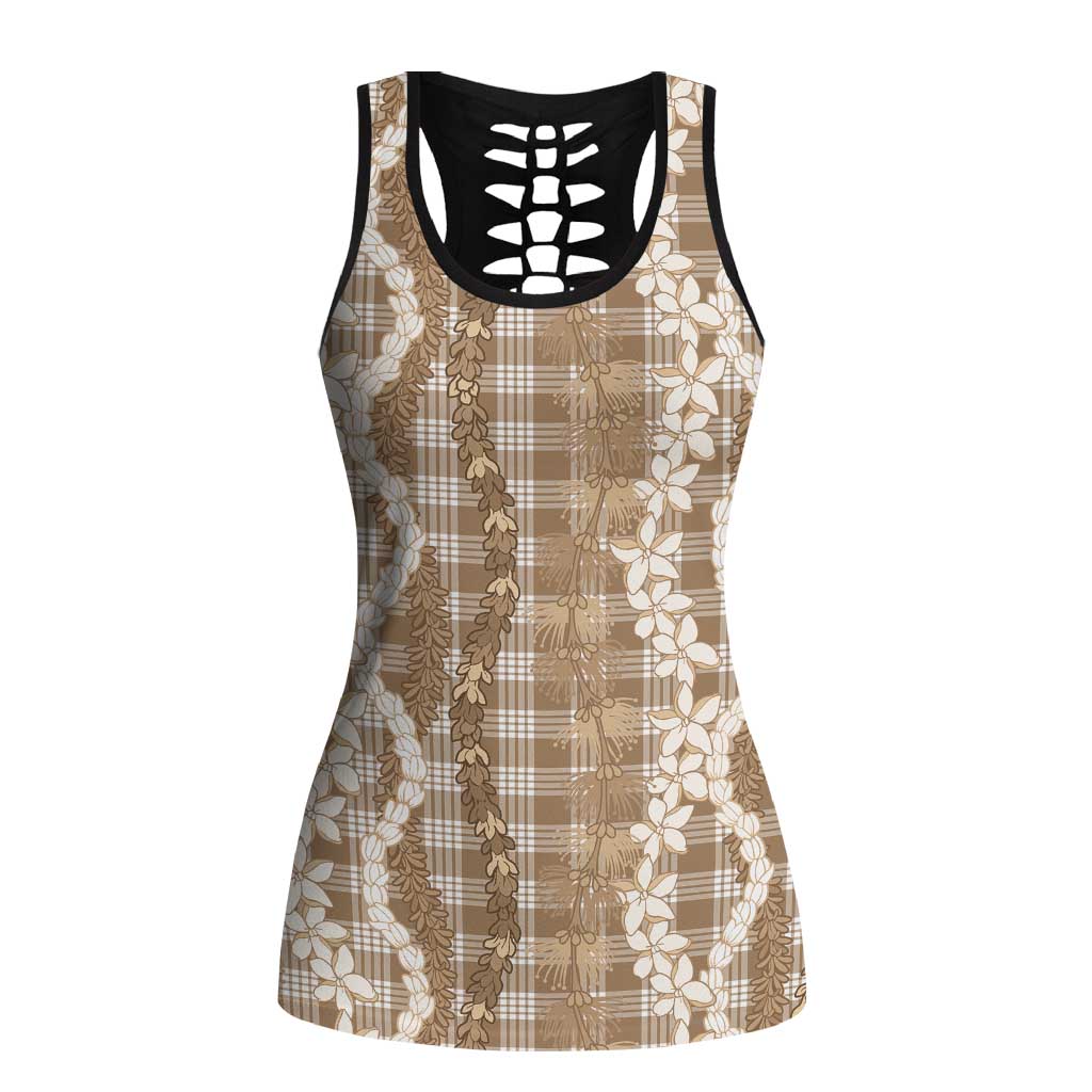 Hawaiian Ohia Lehua Lei Hollow Tank Top Plaid Palaka Kalaihaahaa Pattern LT9 Female Tan - Polynesian Pride