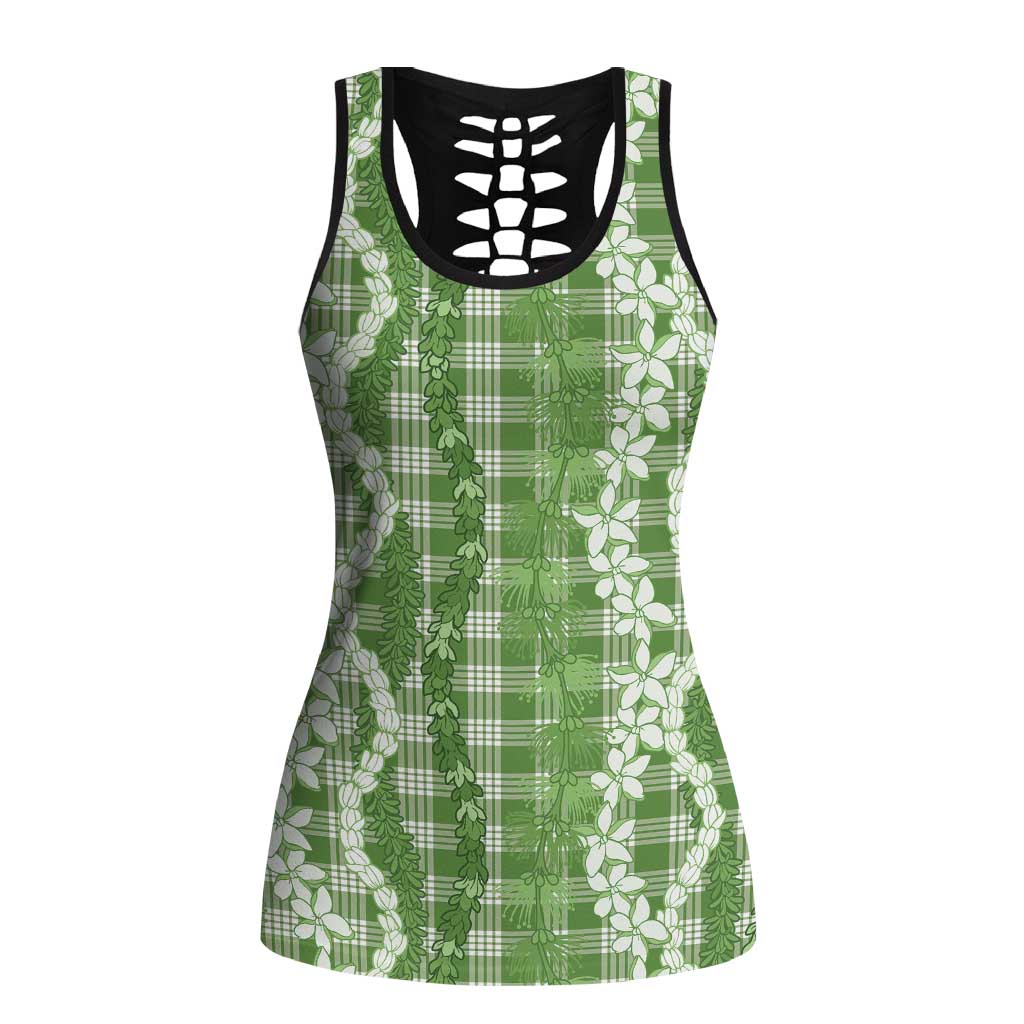 Hawaiian Ohia Lehua Lei Hollow Tank Top Plaid Palaka Omaomao Pattern LT9 Female Green - Polynesian Pride