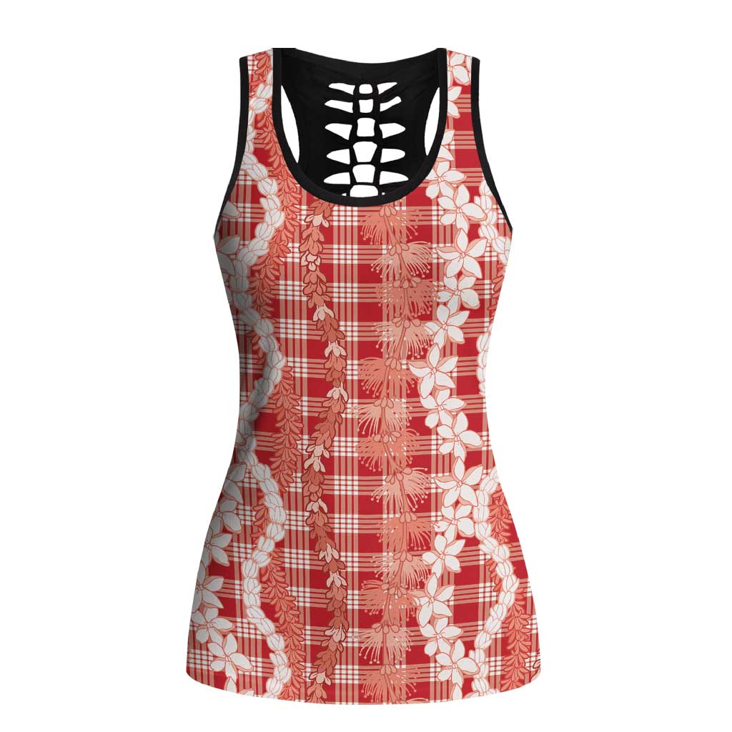 Hawaiian Ohia Lehua Lei Hollow Tank Top Plaid Palaka Ulaula Pattern LT9 Female Red - Polynesian Pride