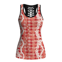 Hawaiian Ohia Lehua Lei Hollow Tank Top Plaid Palaka Ulaula Pattern LT9 Female Red - Polynesian Pride