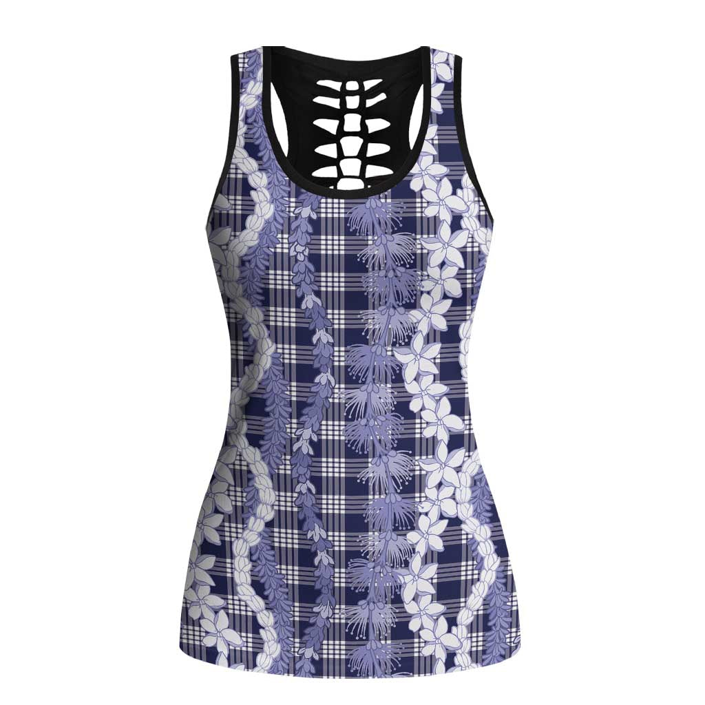 Hawaiian Ohia Lehua Lei Hollow Tank Top Plaid Palaka Uliuli hohonu Pattern LT9 Female Navy - Polynesian Pride