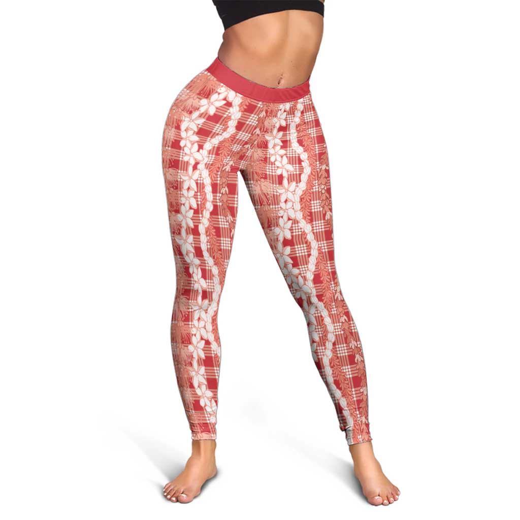 Hawaiian Ohia Lehua Lei Leggings Plaid Palaka Ulaula Pattern - Polynesian Pride