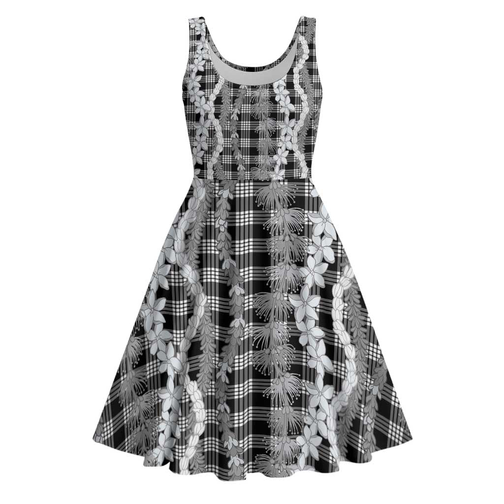 Hawaiian Ohia Lehua Lei Midi Dress Plaid Palaka Eleele Pattern - Polynesian Pride