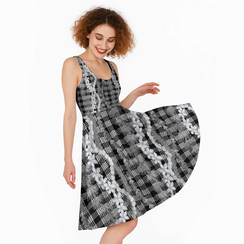 Hawaiian Ohia Lehua Lei Midi Dress Plaid Palaka Eleele Pattern - Polynesian Pride