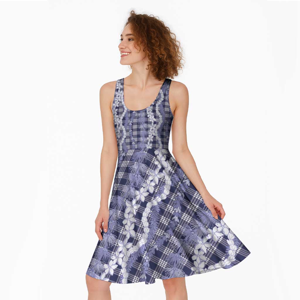 Hawaiian Ohia Lehua Lei Midi Dress Plaid Palaka Uliuli hohonu Pattern - Polynesian Pride