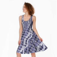 Hawaiian Ohia Lehua Lei Midi Dress Plaid Palaka Uliuli hohonu Pattern - Polynesian Pride