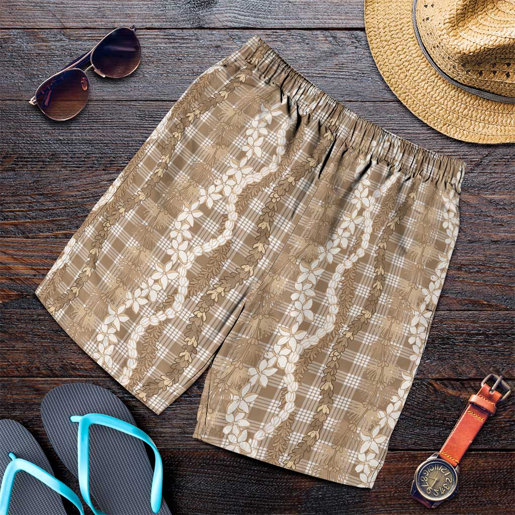 Hawaiian Ohia Lehua Lei Shorts for Men Plaid Palaka Kalaihaahaa Pattern LT9 Tan - Polynesian Pride