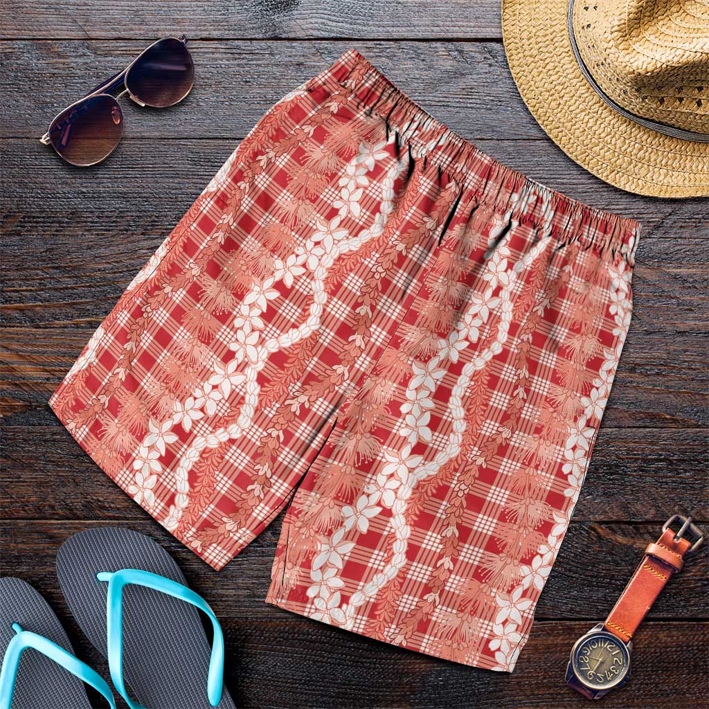 Hawaiian Ohia Lehua Lei Shorts for Men Plaid Palaka Ulaula Pattern LT9 Red - Polynesian Pride