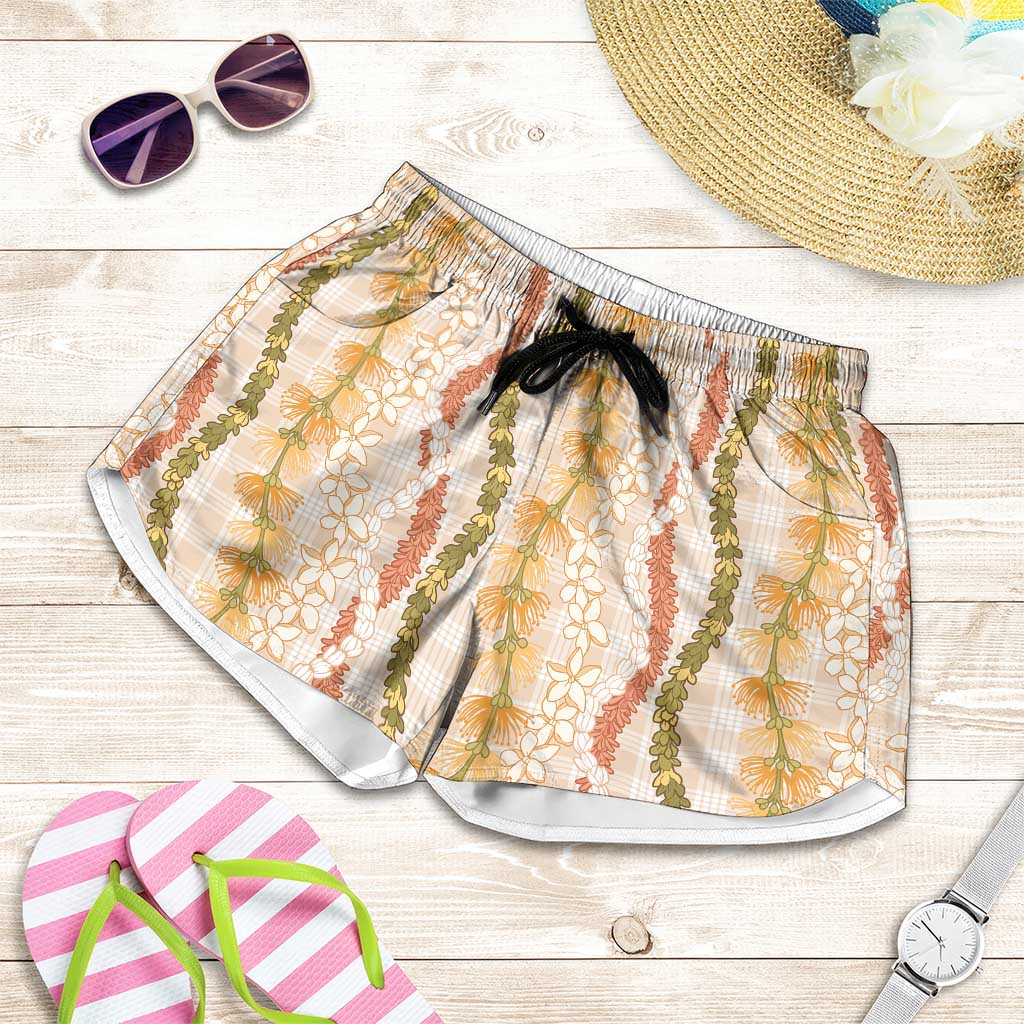Hawaiian Ohia Lehua Lei Shorts for Women Plaid Palaka Ahiehie Pattern LT9 Beige - Polynesian Pride
