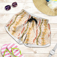 Hawaiian Ohia Lehua Lei Shorts for Women Plaid Palaka Ahiehie Pattern LT9 Beige - Polynesian Pride