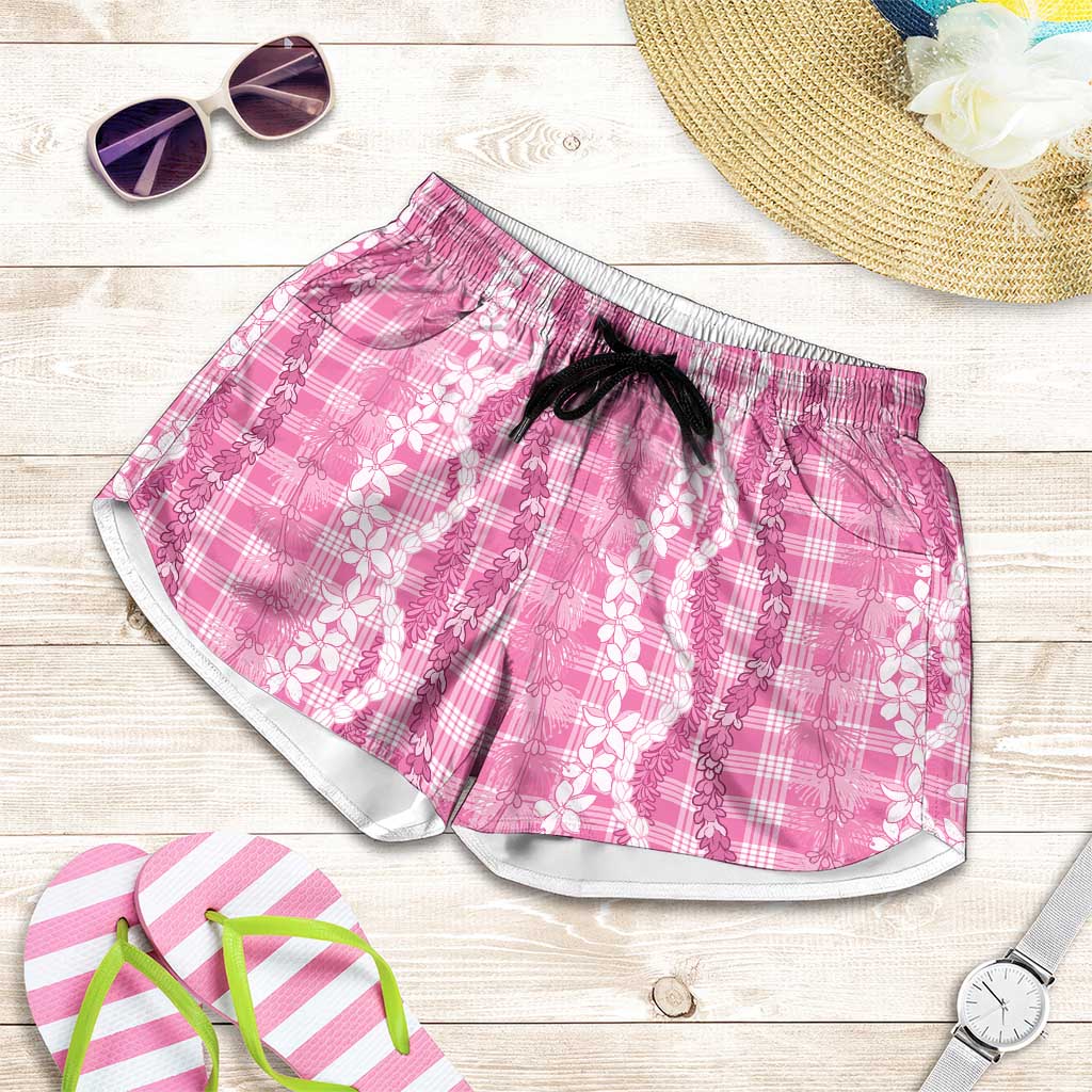 Hawaiian Ohia Lehua Lei Shorts for Women Plaid Palaka Akala Pattern LT9 Pink - Polynesian Pride