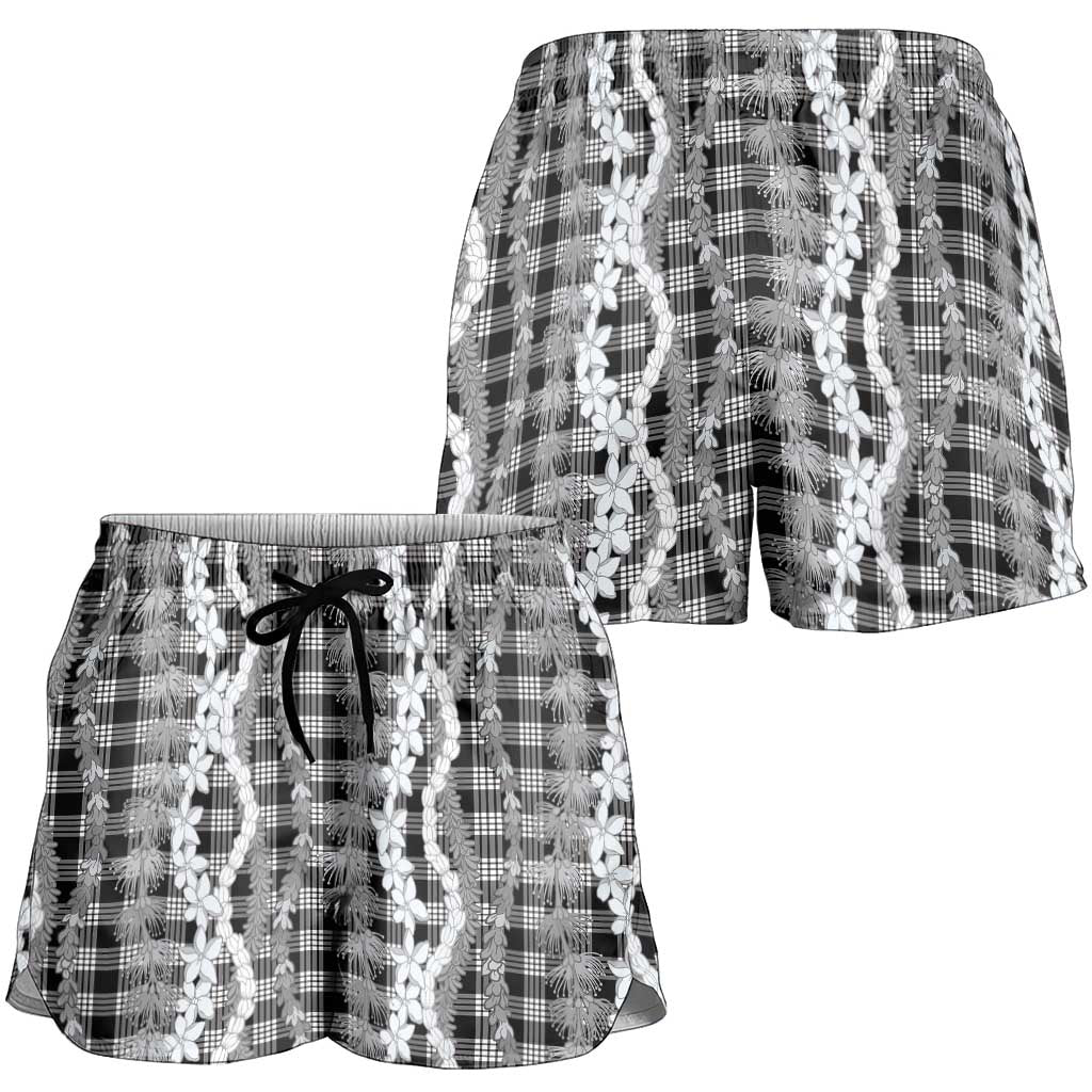 Hawaiian Ohia Lehua Lei Shorts for Women Plaid Palaka Eleele Pattern LT9 - Polynesian Pride