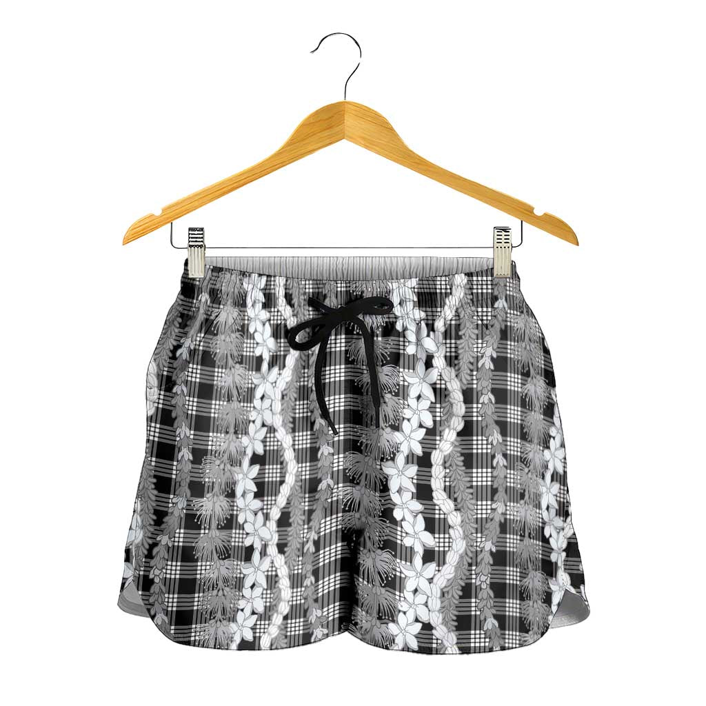 Hawaiian Ohia Lehua Lei Shorts for Women Plaid Palaka Eleele Pattern LT9 - Polynesian Pride