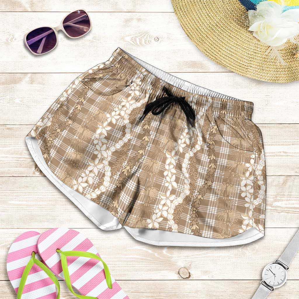 Hawaiian Ohia Lehua Lei Shorts for Women Plaid Palaka Kalaihaahaa Pattern LT9 Tan - Polynesian Pride