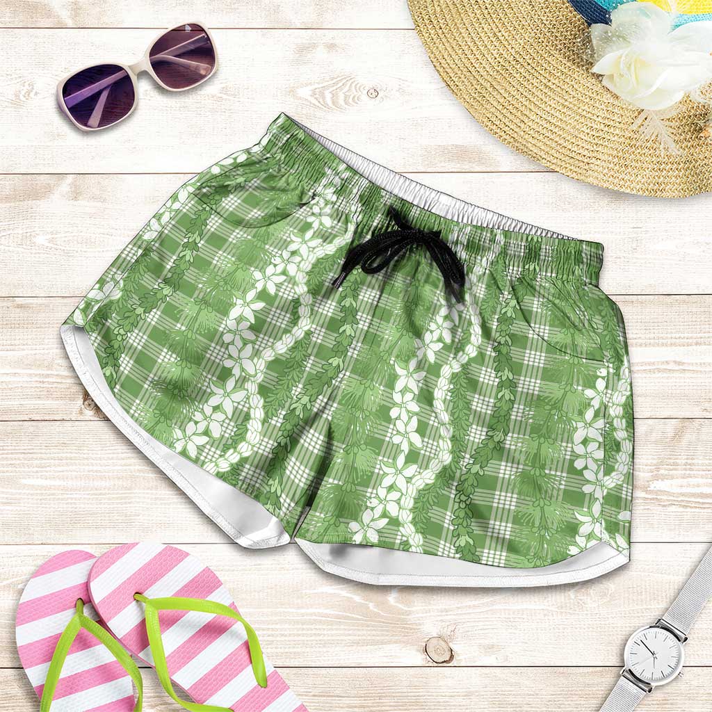 Hawaiian Ohia Lehua Lei Shorts for Women Plaid Palaka Omaomao Pattern LT9 Green - Polynesian Pride