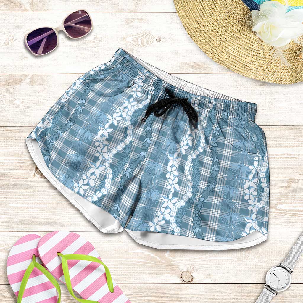 Hawaiian Ohia Lehua Lei Shorts for Women Plaid Palaka Uliuli Omaomao Pattern LT9 Teal - Polynesian Pride