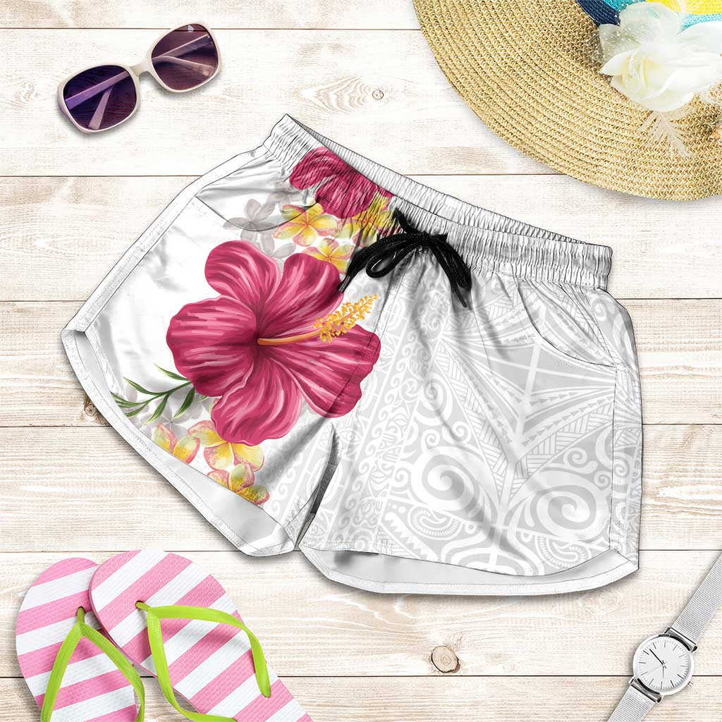 Hawaiian Plumeria and Hibiscus Shorts for Women White Mode - Polynesian Pride