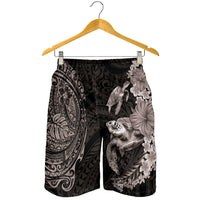 Hawaiian Plumeria and Hibiscus with Turtles Shorts for Men Polynesian Art Grayscale - Polynesian Pride