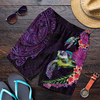 Hawaiian Plumeria and Hibiscus with Turtles Shorts for Men Polynesian Art Purple Color - Polynesian Pride