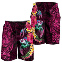 Hawaiian Plumeria and Hibiscus with Turtles Shorts for Men Polynesian Art Red Color - Polynesian Pride
