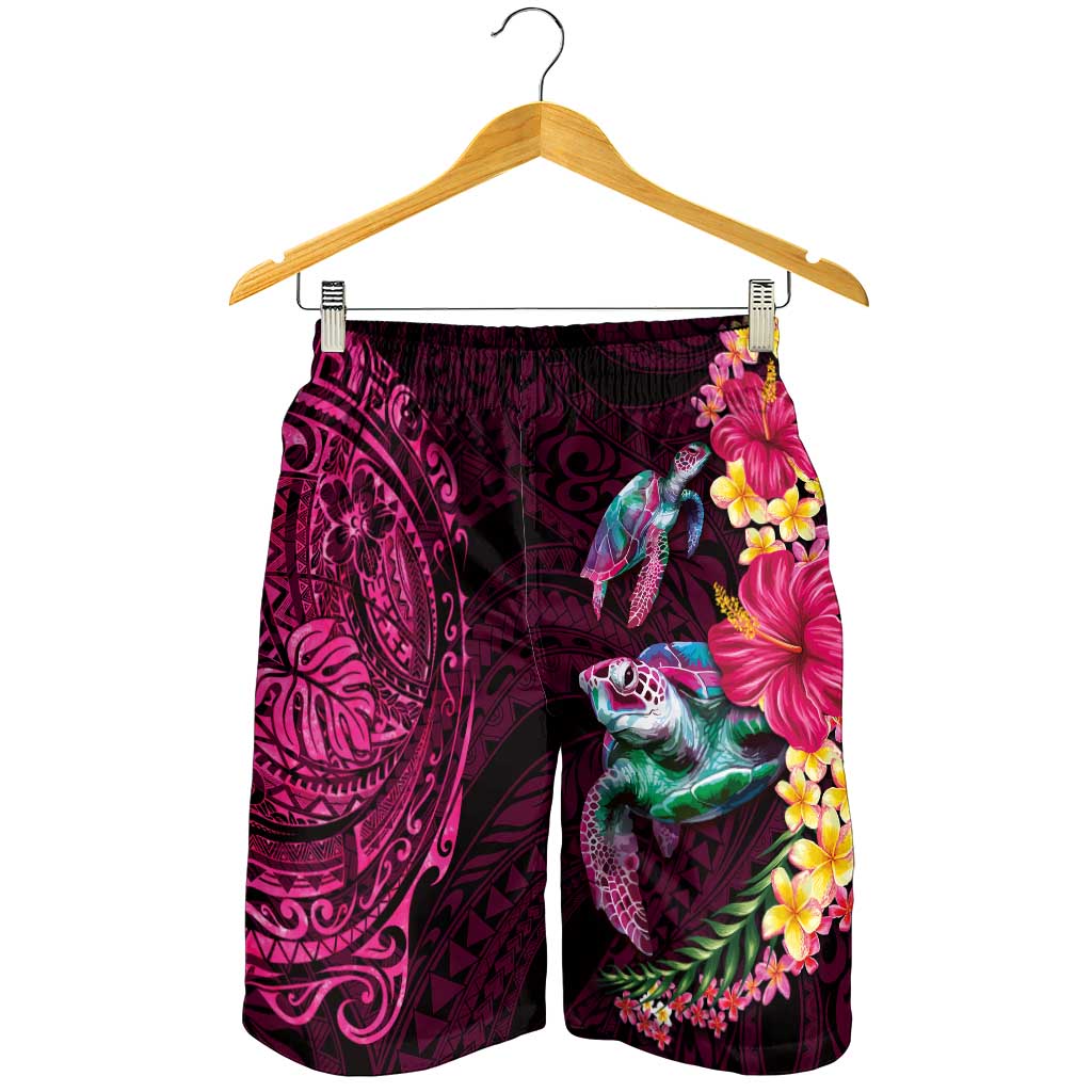 Hawaiian Plumeria and Hibiscus with Turtles Shorts for Men Polynesian Art Red Color - Polynesian Pride