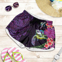Hawaiian Plumeria and Hibiscus with Turtles Shorts for Women Polynesian Art Purple Color - Polynesian Pride