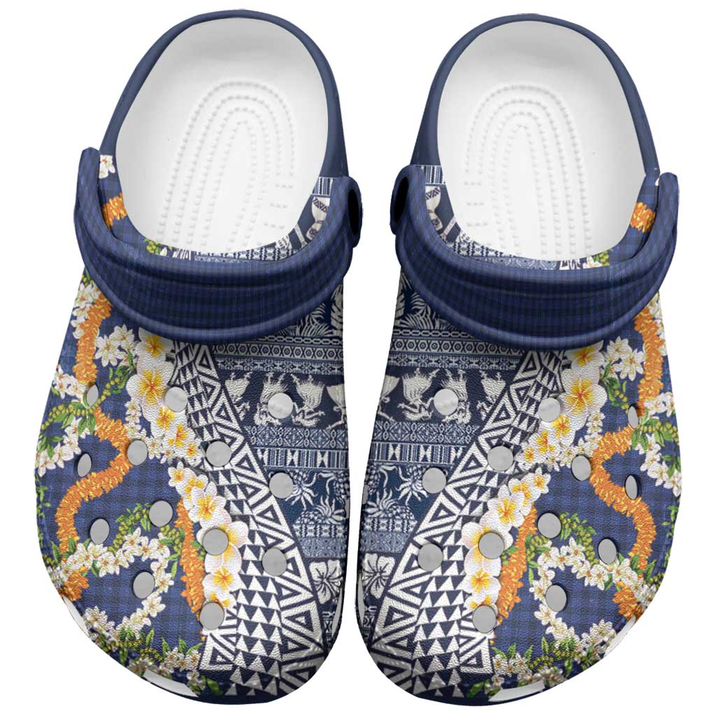Hawaiian Plumeria Lei Clogs Shoes Kakau Motifs and Palaka Half Style Blue Color - Polynesian Pride