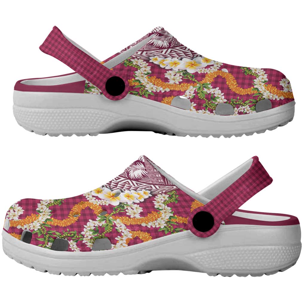 Hawaiian Plumeria Lei Clogs Shoes Kakau Motifs and Palaka Half Style Pink Color - Polynesian Pride