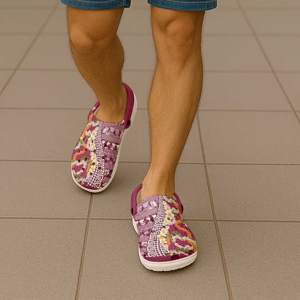 Hawaiian Plumeria Lei Clogs Shoes Kakau Motifs and Palaka Half Style Pink Color - Polynesian Pride