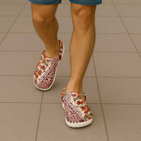 Hawaiian Plumeria Lei Clogs Shoes Kakau Motifs and Palaka Half Style Red Color LT03 - Polynesian Pride