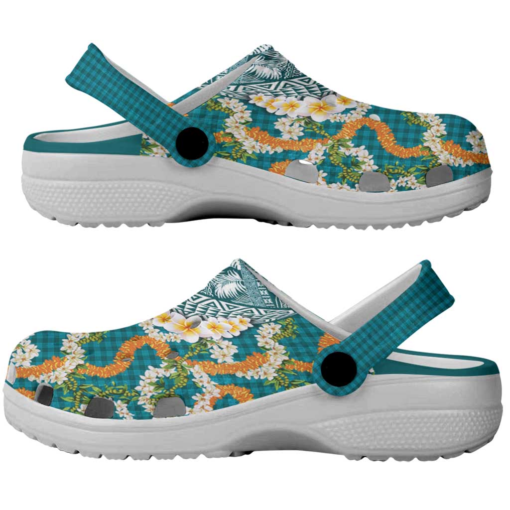 Hawaiian Plumeria Lei Clogs Shoes Kakau Motifs and Palaka Half Style Turquoise Color - Polynesian Pride