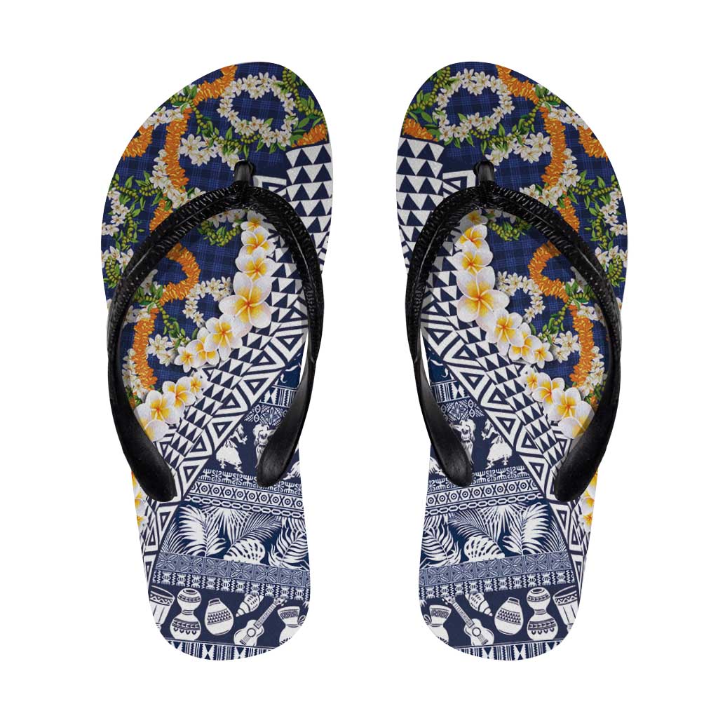 Hawaiian Plumeria Lei Flip Flops Kakau Motifs and Palaka Half Style Blue Color - Polynesian Pride