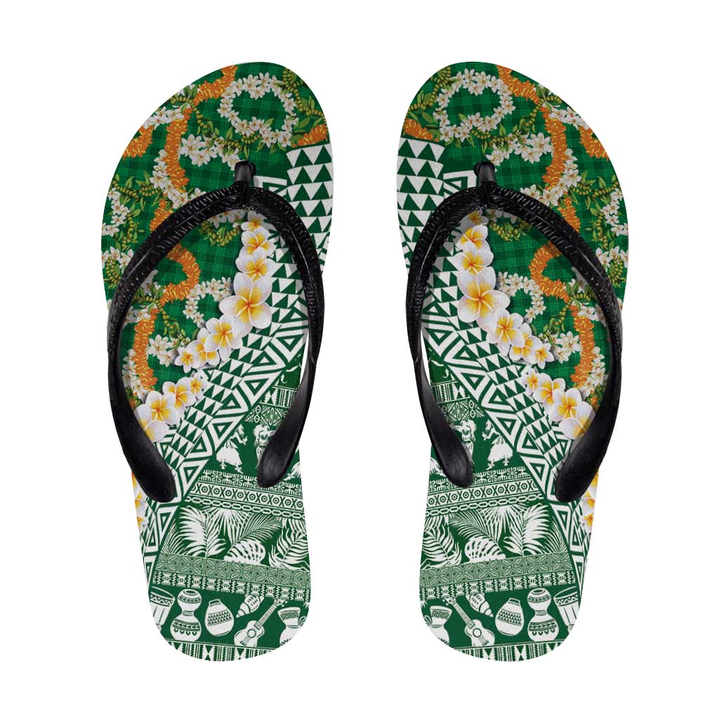 Hawaiian Plumeria Lei Flip Flops Kakau Motifs and Palaka Half Style Green Color - Polynesian Pride