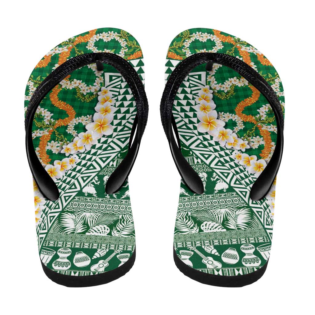 Hawaiian Plumeria Lei Flip Flops Kakau Motifs and Palaka Half Style Green Color - Polynesian Pride