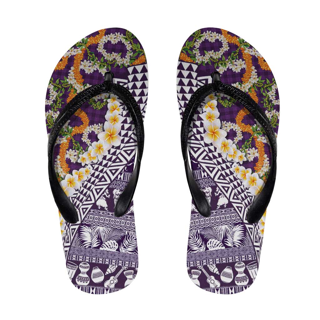 Hawaiian Plumeria Lei Flip Flops Kakau Motifs and Palaka Half Style Purple Color - Polynesian Pride