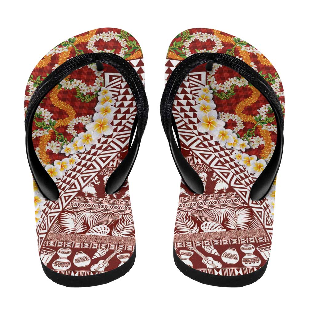 Hawaiian Plumeria Lei Flip Flops Kakau Motifs and Palaka Half Style Red Color - Polynesian Pride