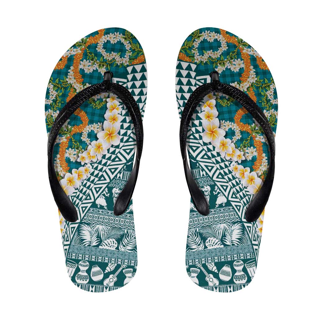 Hawaiian Plumeria Lei Flip Flops Kakau Motifs and Palaka Half Style Turquoise Color - Polynesian Pride