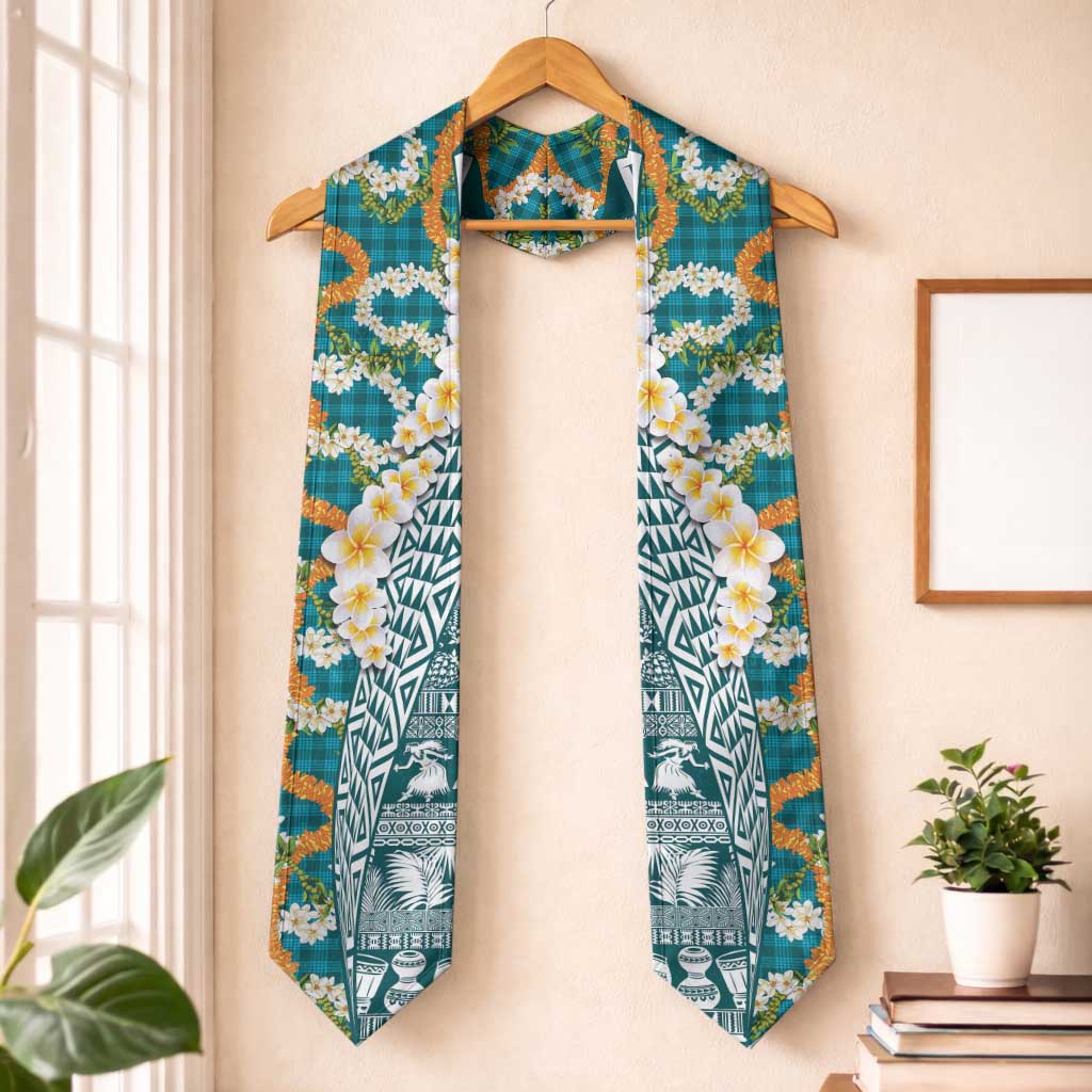 Hawaiian Plumeria Lei Graduation Stole Kakau Motifs and Palaka Half Style Turquoise Color LT03 One Size Turquoise - Polynesian Pride