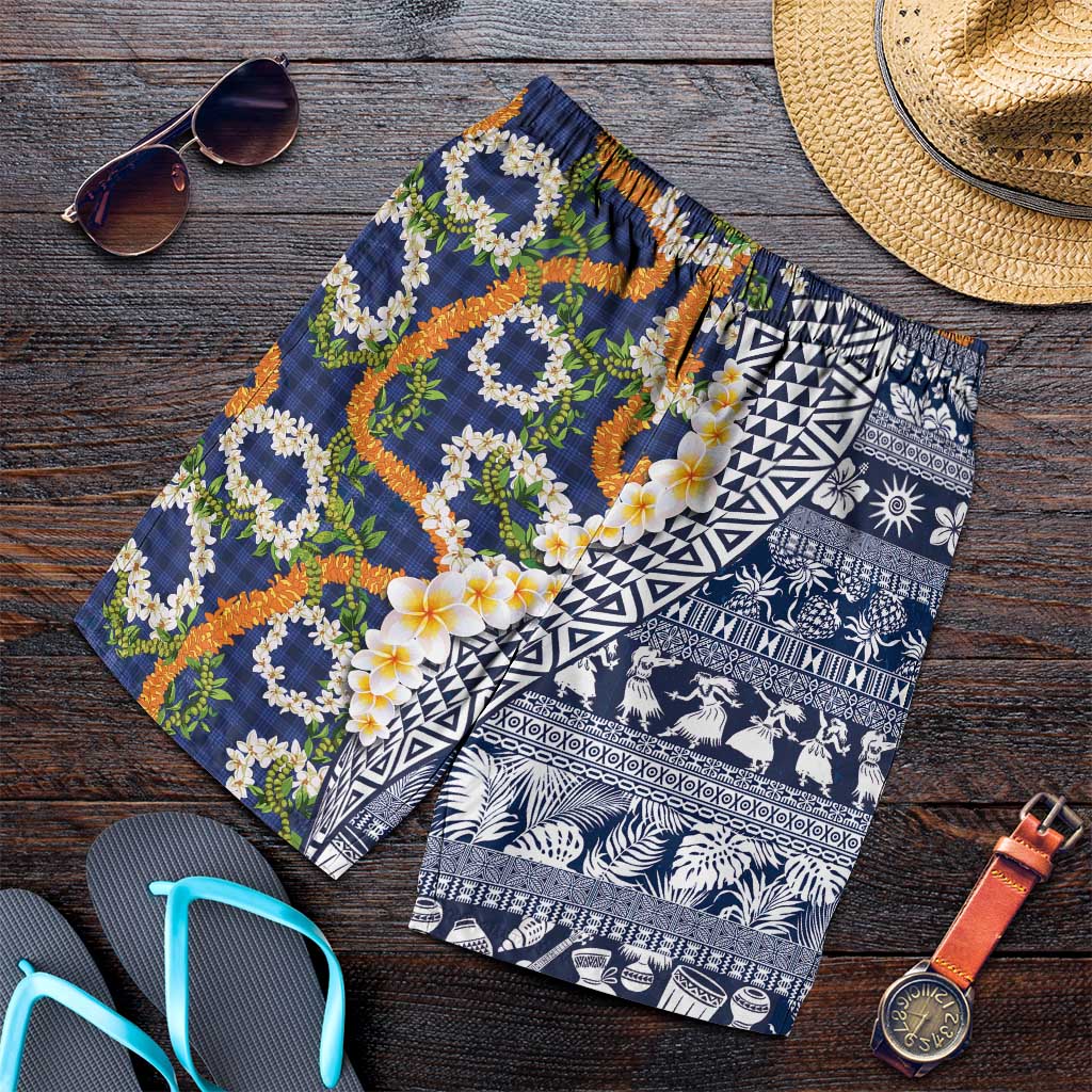 Hawaiian Plumeria Lei Shorts for Men Kakau Motifs and Palaka Half Style Blue Color - Polynesian Pride