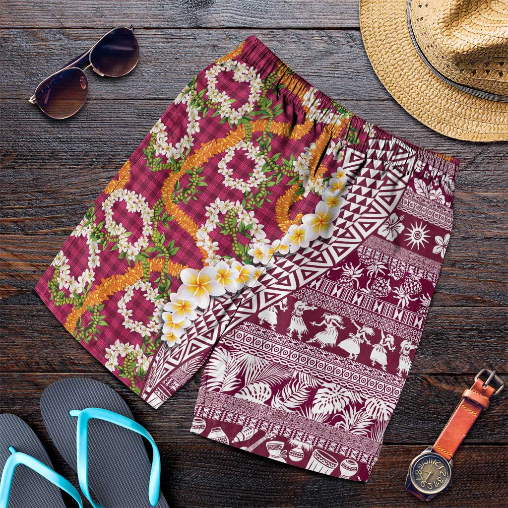 Hawaiian Plumeria Lei Shorts for Men Kakau Motifs and Palaka Half Style Pink Color - Polynesian Pride