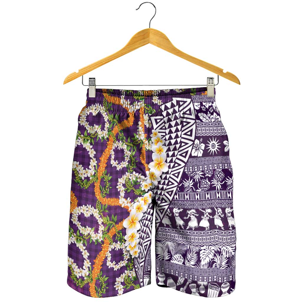 Hawaiian Plumeria Lei Shorts for Men Kakau Motifs and Palaka Half Style Purple Color - Polynesian Pride