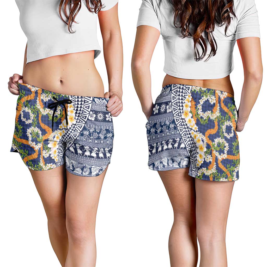 Hawaiian Plumeria Lei Shorts for Women Kakau Motifs and Palaka Half Style Blue Color - Polynesian Pride
