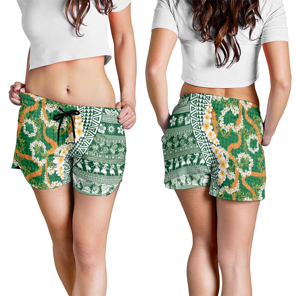 Hawaiian Plumeria Lei Shorts for Women Kakau Motifs and Palaka Half Style Green Color - Polynesian Pride