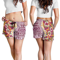 Hawaiian Plumeria Lei Shorts for Women Kakau Motifs and Palaka Half Style Pink Color - Polynesian Pride