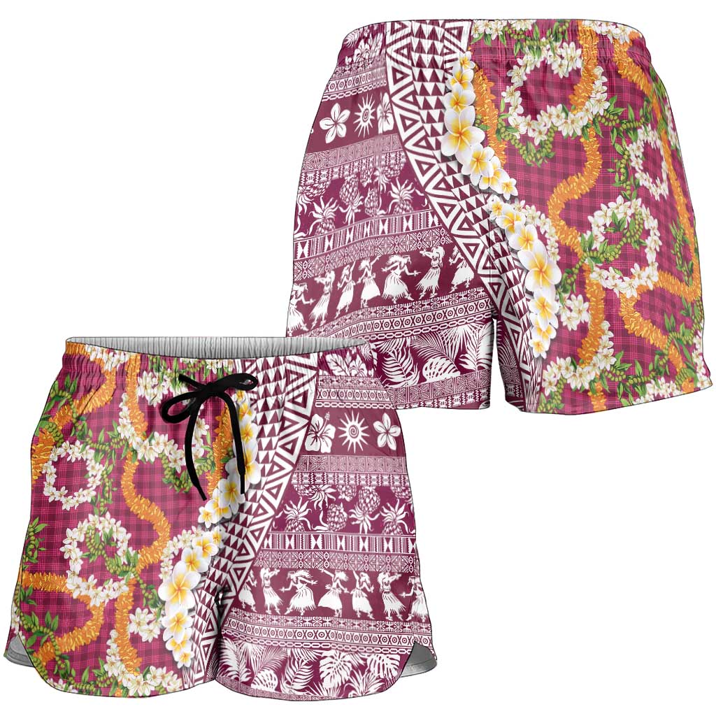 Hawaiian Plumeria Lei Shorts for Women Kakau Motifs and Palaka Half Style Pink Color - Polynesian Pride